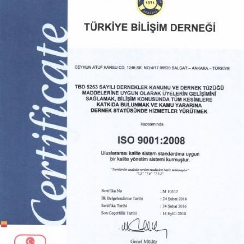 Türkiye Bilişim Derneği uzun yıllardır sahip olduğu kurumsal yapısını ISO 9001:2008 Kalite Yönetim Sistemi Belgesini alarak taçlandırdı.